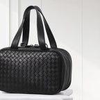 Soft black woven leather box tote with top handles – luxury handmade bag