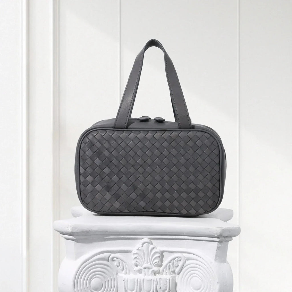 Luxury Genuine Leather Woven Tote – Soft Structured Handbag with Dual Handles，Grey