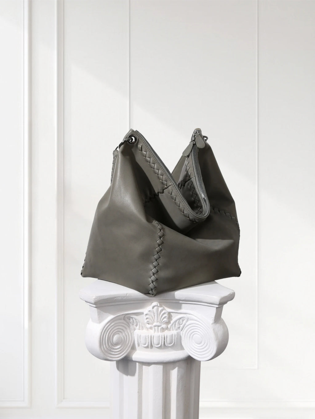 Handcrafted Shoulder Bag Grey Pebbled Premium Leather