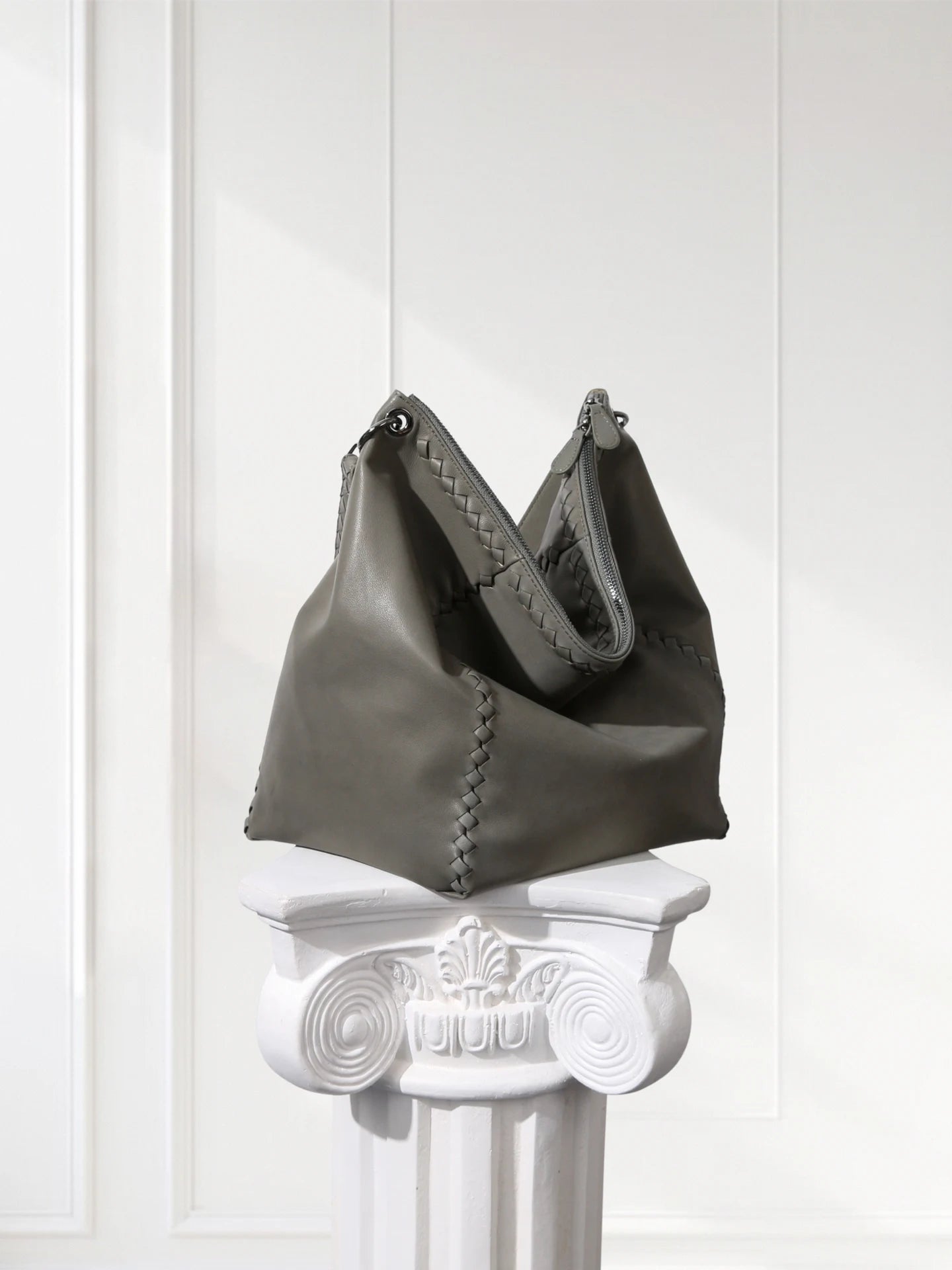 Handcrafted Shoulder Bag Grey Pebbled Premium Leather