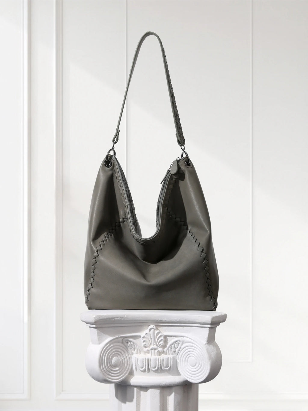 Handcrafted Shoulder Bag Grey Pebbled Premium Leather