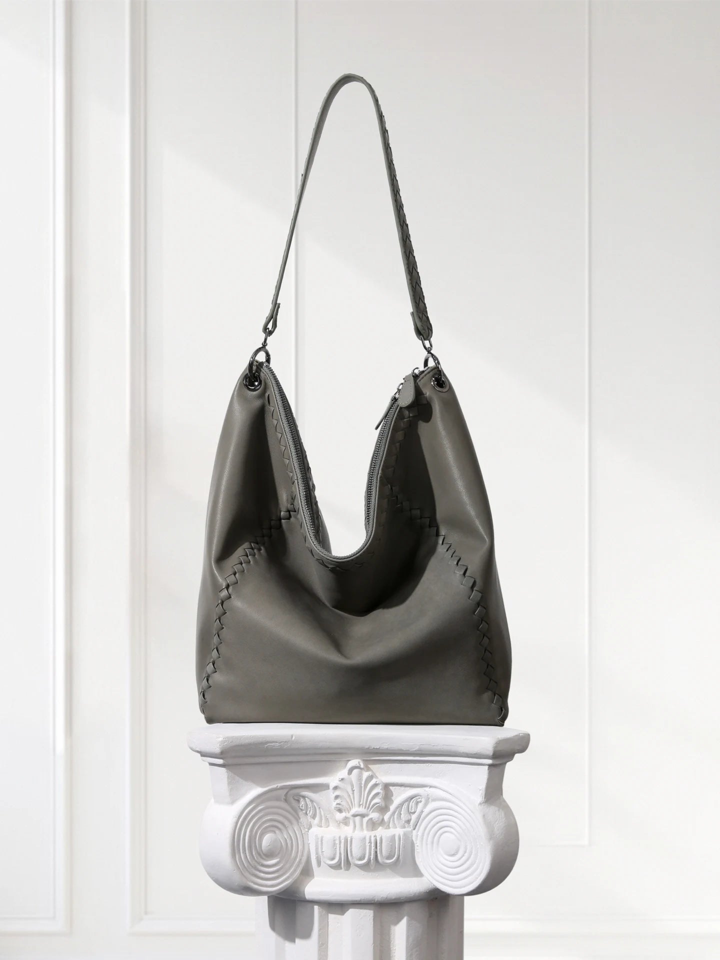 Handcrafted Shoulder Bag Grey Pebbled Premium Leather