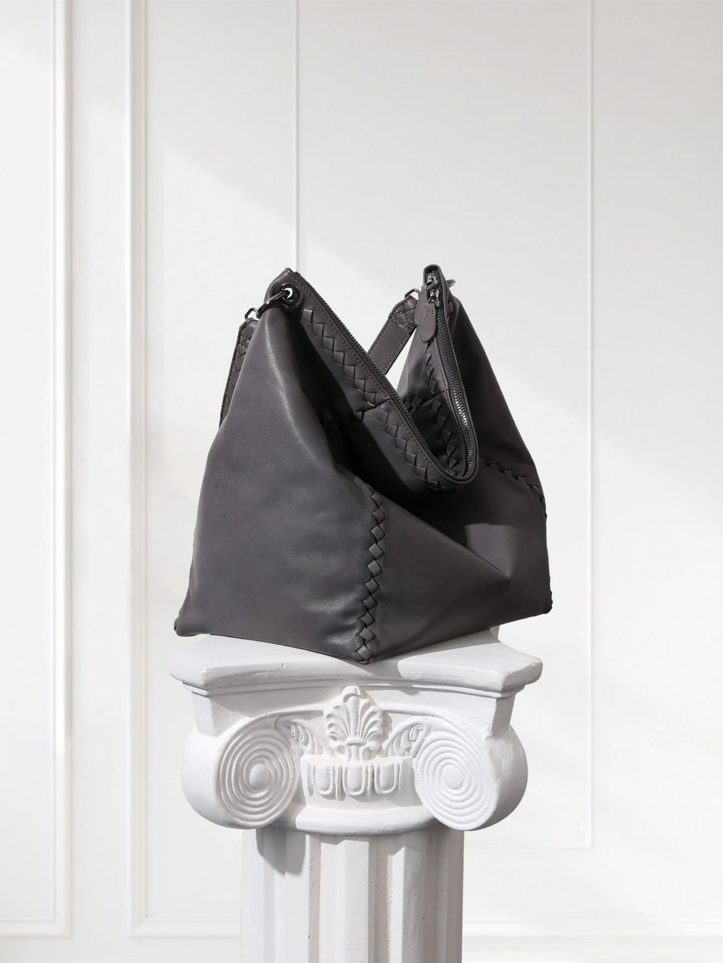 Handcrafted Shoulder Bag Grey Pebbled Premium Leather