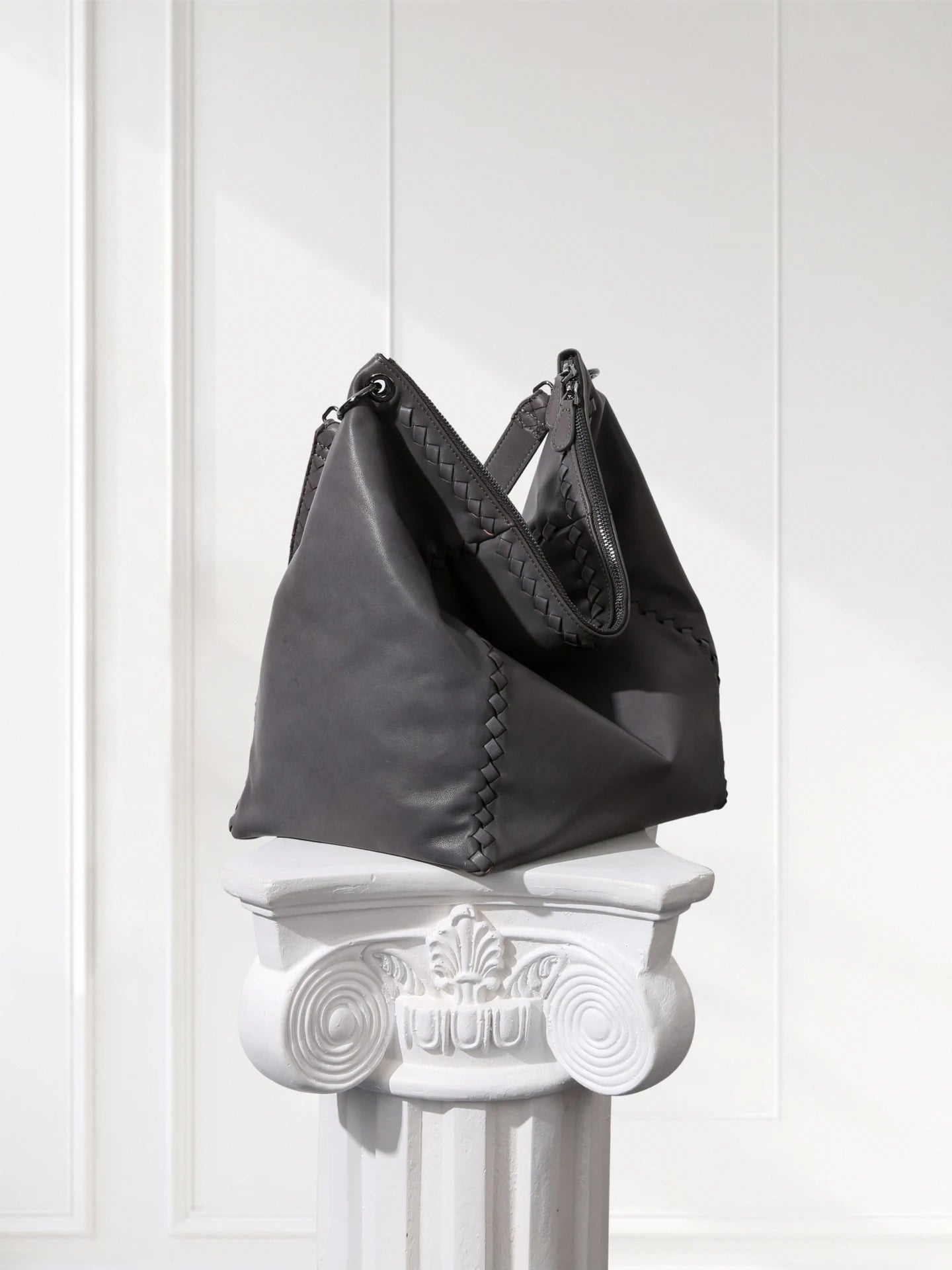 Handcrafted Shoulder Bag Grey Pebbled Premium Leather