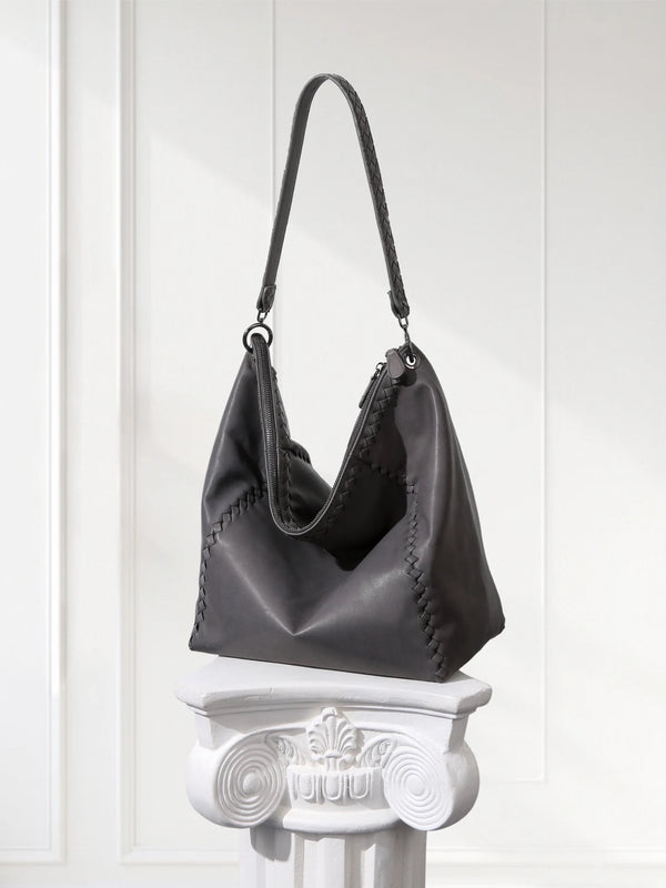 Handcrafted Shoulder Bag Grey Pebbled Premium Leather