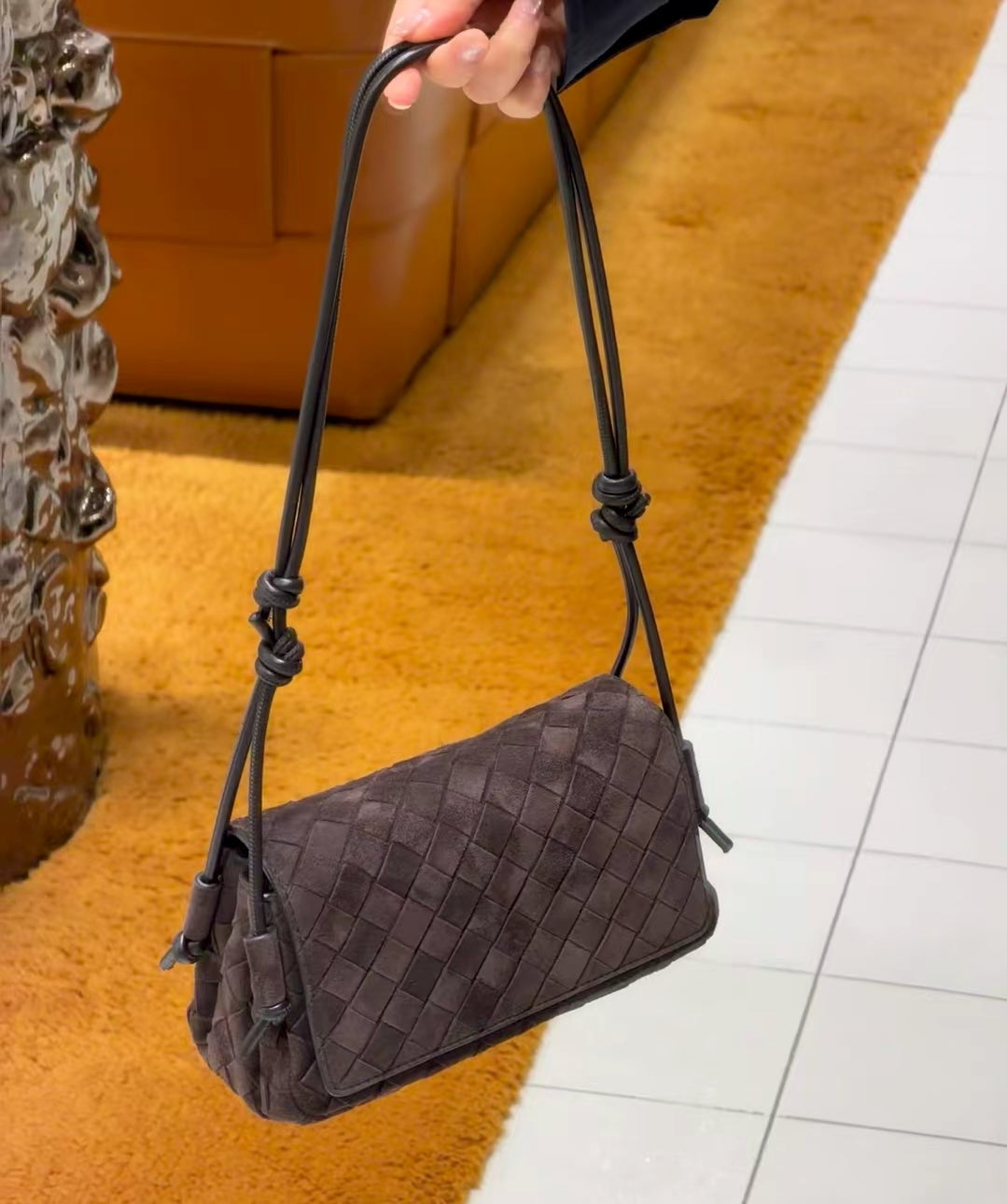 Chocolate Brown Woven Genuine Suede Leather Shoulder Bag