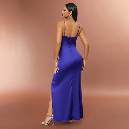 Satin Miami high slit sexy Blue cocktail Dress evening dress - CIVIBUY