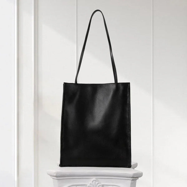 Classic Vertical Leather Shoulder Tote – Black