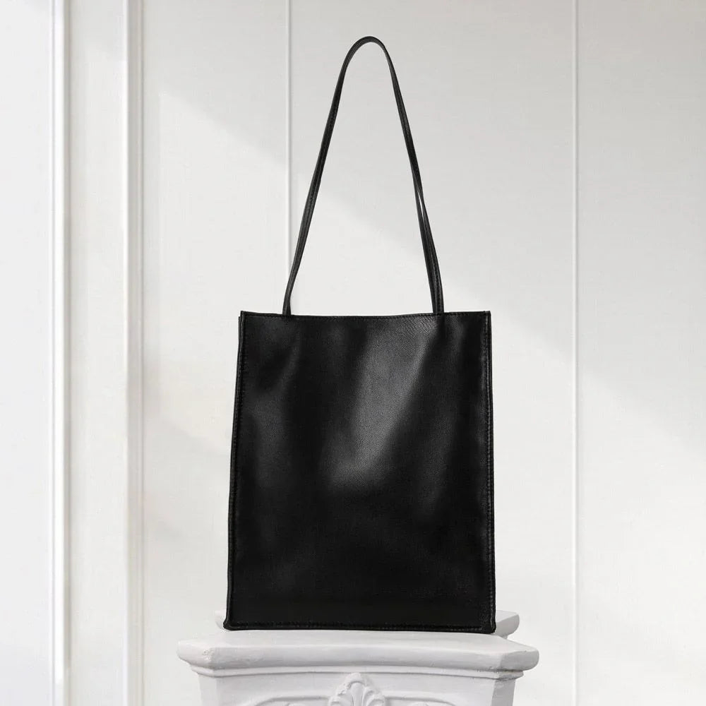 Classic Vertical Leather Shoulder Tote – Black