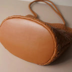 女性用レザー編みバケットバッグ レザー手編みバッグ 女性へのギフト、羊皮