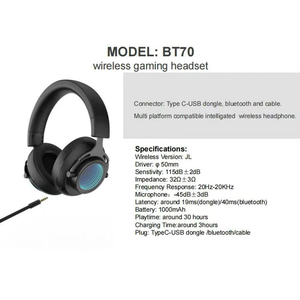 Neon LED Wireless Gaming Headset BT70 – Multi-Platform 2.4GHz / Bluetooth / Type-C