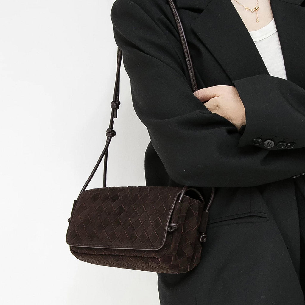 Chocolate Brown Woven Genuine Suede Leather Shoulder Bag