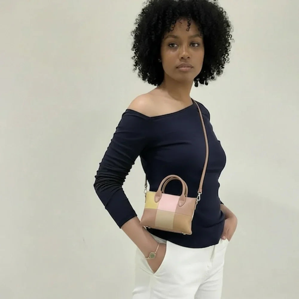 Red & Brown Colorblock Handbag – Mini Structured Shoulder Purse for Women 100% Calfskin Leather