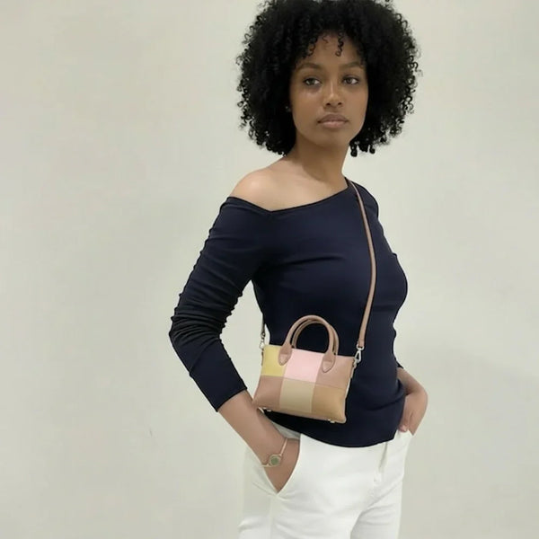 Red & Brown Colorblock Handbag – Mini Structured Shoulder Purse for Women 100% Calfskin Leather