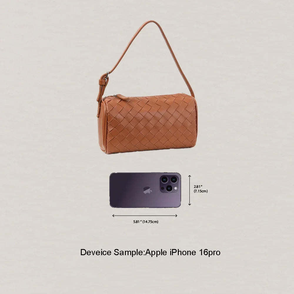 Brown woven handbag next to an Apple iPhone 16 pro on a light gray background