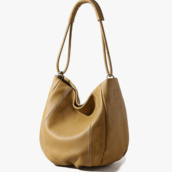 Women's Soft Cowhide Leather Tote Bag – Slouchy Brown Shoulder Handbag with Double Handles, Spacious Daily Purse