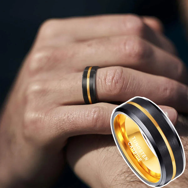 Personalized Tungsten Rings for Men's Wedding Bands Black Matte Gold Grooved Center