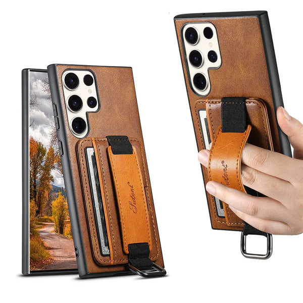 Samsung S25 Ultra Card Holder Case – Wrist Strap Leather Cover, Full Protection