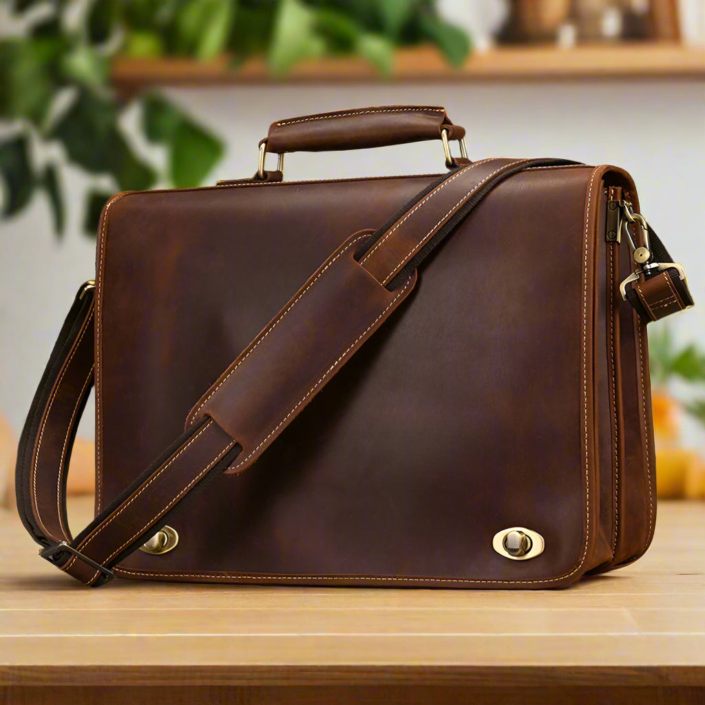 Leather Briefcase for Men Italian Full Grain Leather 15.7 inchs Laptop Bag