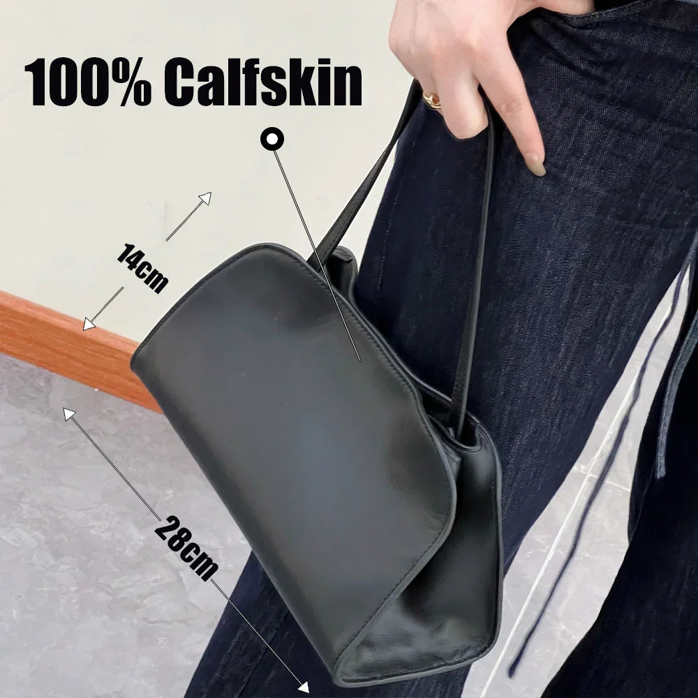 Minimalist Black Calfskin Style Shoulder Bag – Vegan Leather Large Purse for Women
