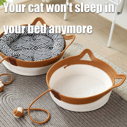 天然猫ベッド 麦わら巣編み ペットハウス 手作り編み込みソフトクッション 16インチ
