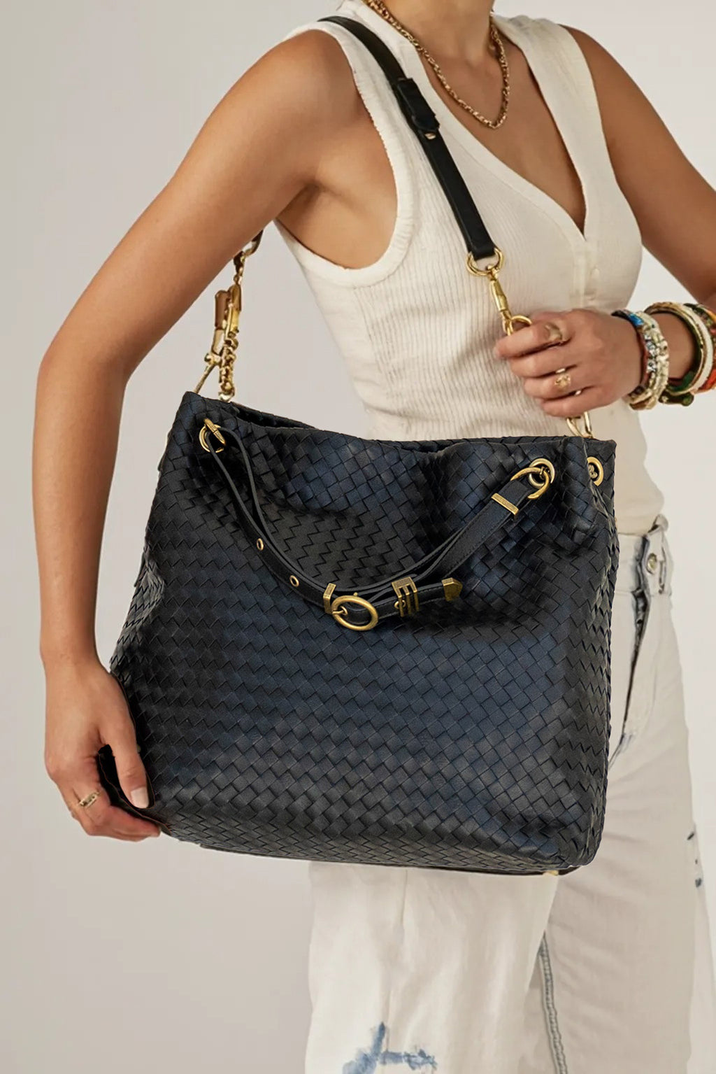 Black Woven Genuine Leather Hobo Bag Large Slouchy Tote with Chain Strap