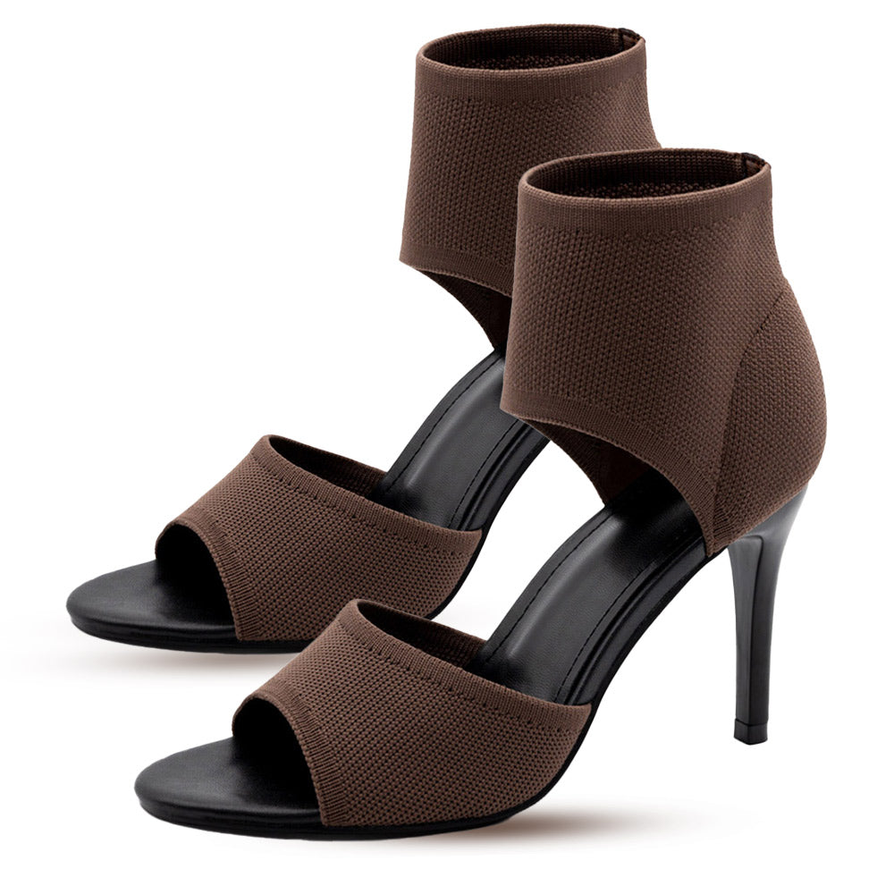 Elegant Women's Peep Toe Stiletto Heeled Sandals Stretchy Knit High Heels for Wedding,brown