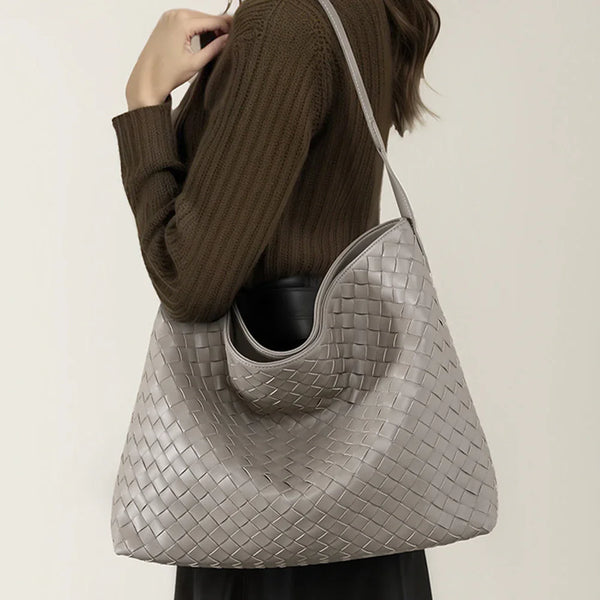 Women’s Minimalist Woven Genuine Leather Magnetic Hobo Bag