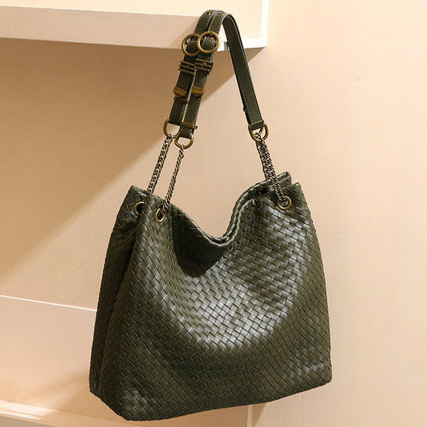 Vintage-Style Woven Leather Tote Bag – Soft Slouchy Shoulder Handbag with Chain Strap