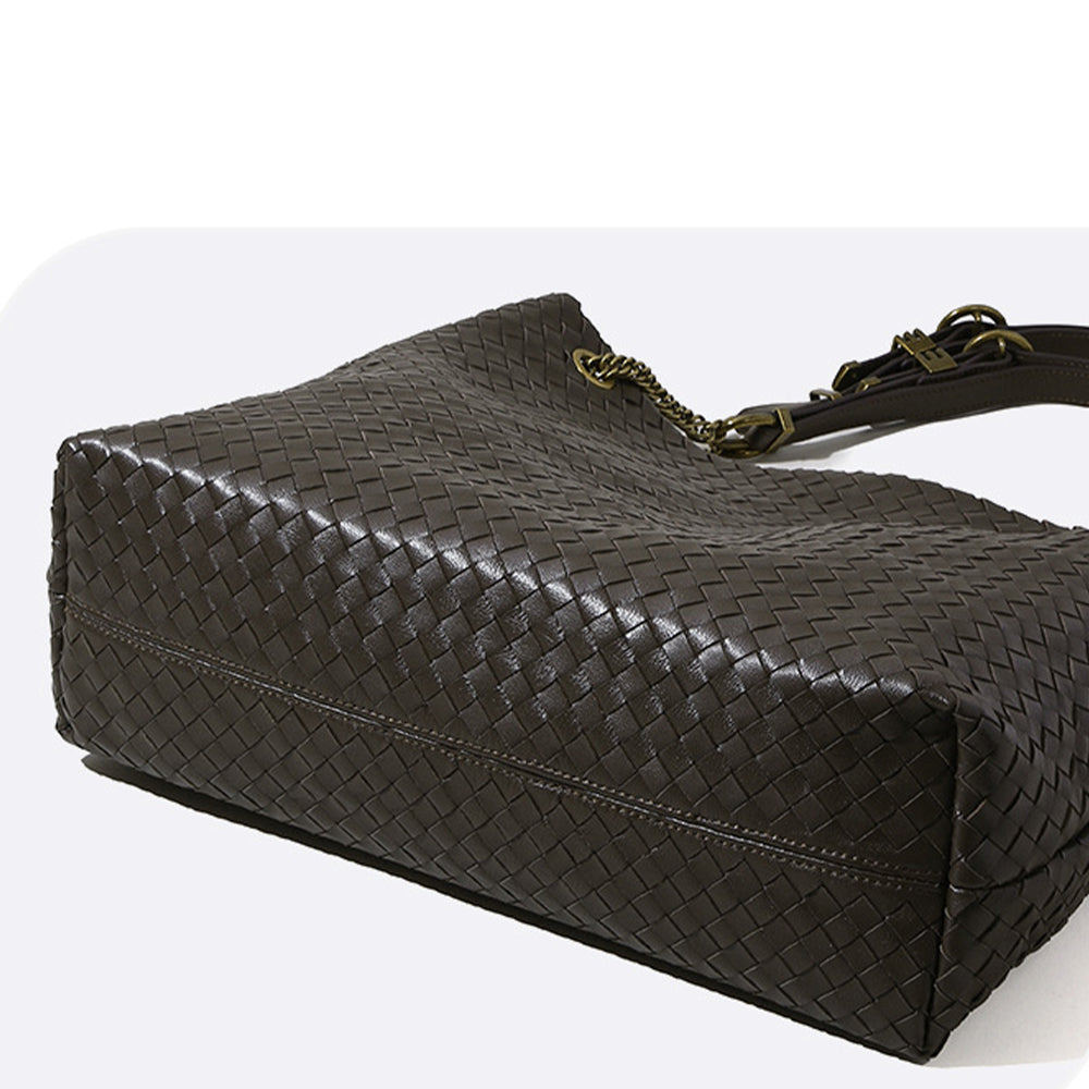 Vintage-Style Woven Leather Tote Bag – Soft Slouchy Shoulder Handbag with Chain Strap