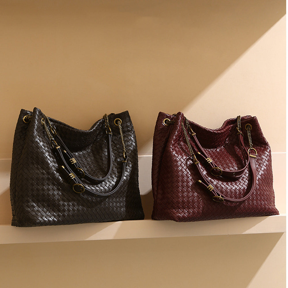 red Woven Genuine Leather Hobo Bag Large Slouchy Tote with Chain Strap