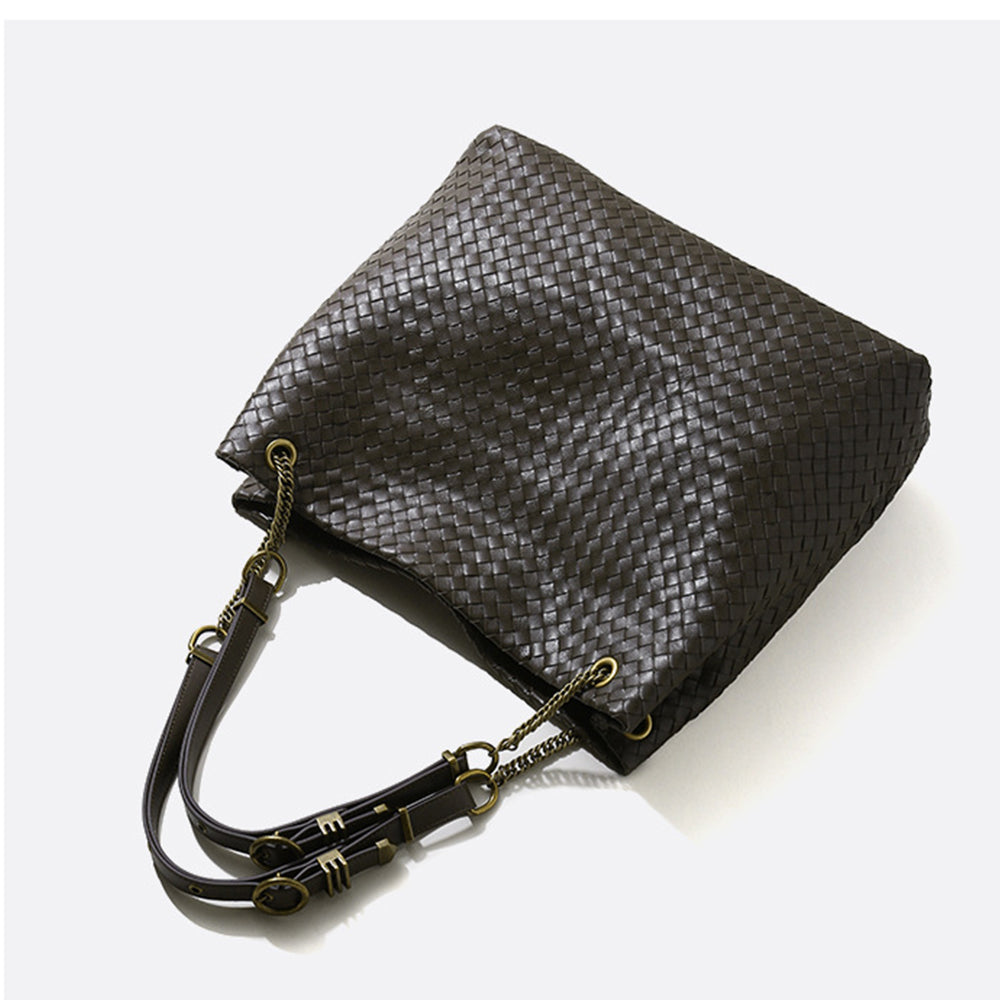Vintage-Style Woven Leather Tote Bag – Soft Slouchy Shoulder Handbag with Chain Strap