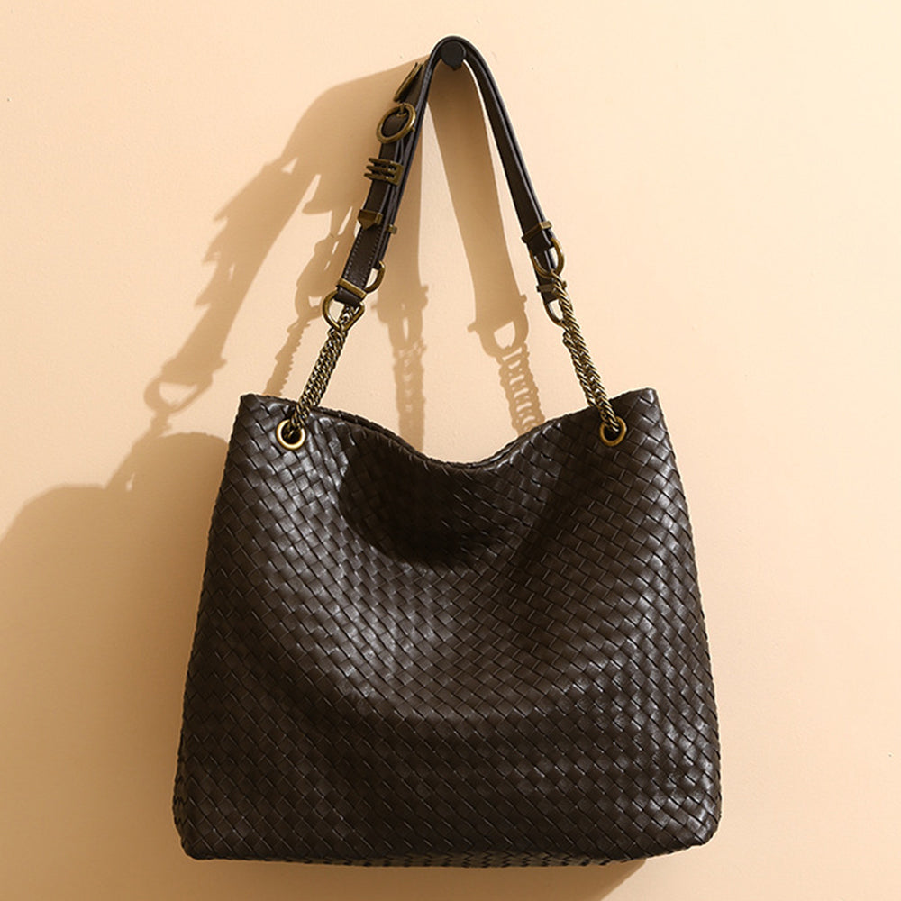 Brown Woven Genuine Leather Hobo Bag Large Slouchy Tote with Chain Strap