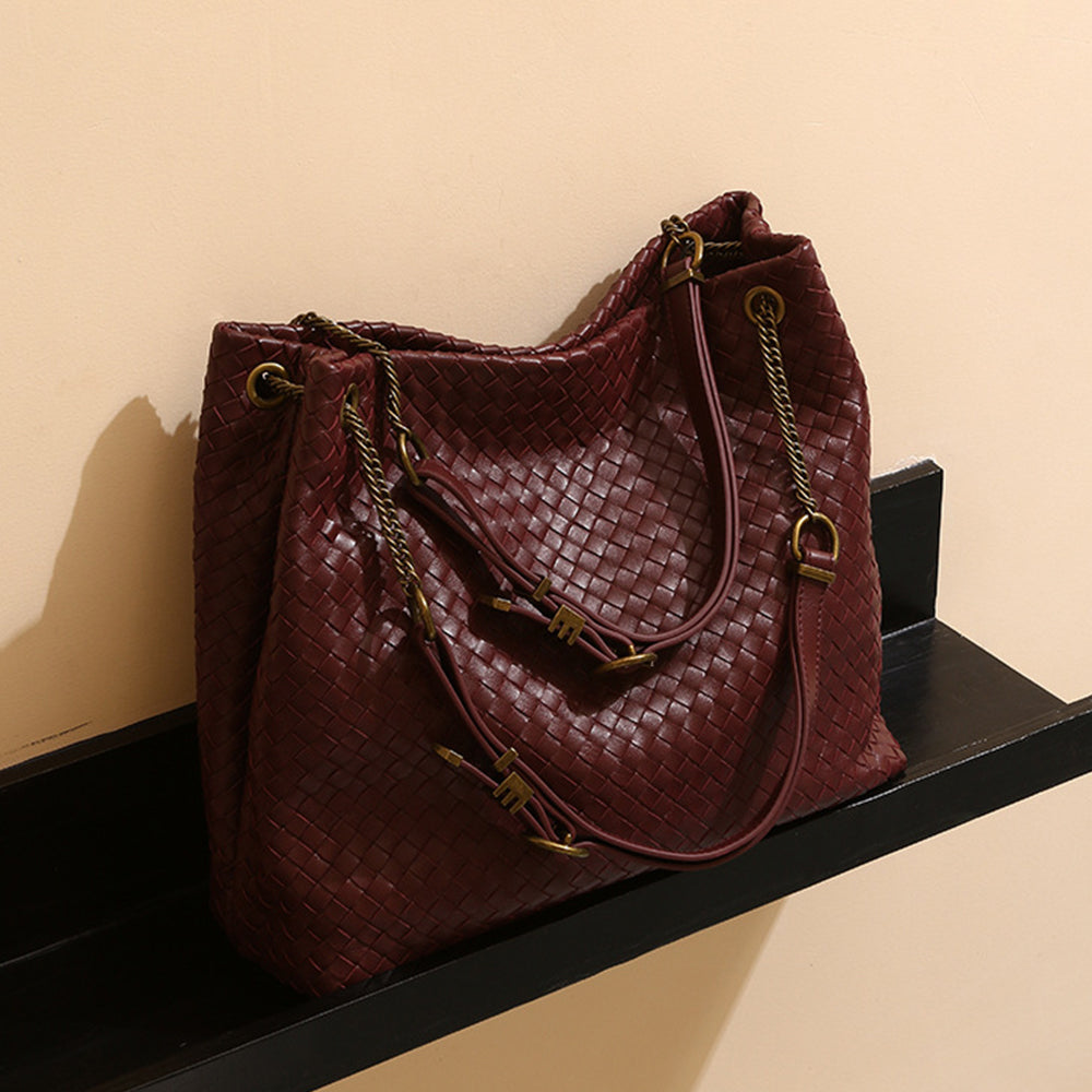 Red Woven Genuine Leather Hobo Bag Large Slouchy Tote with Chain Strap