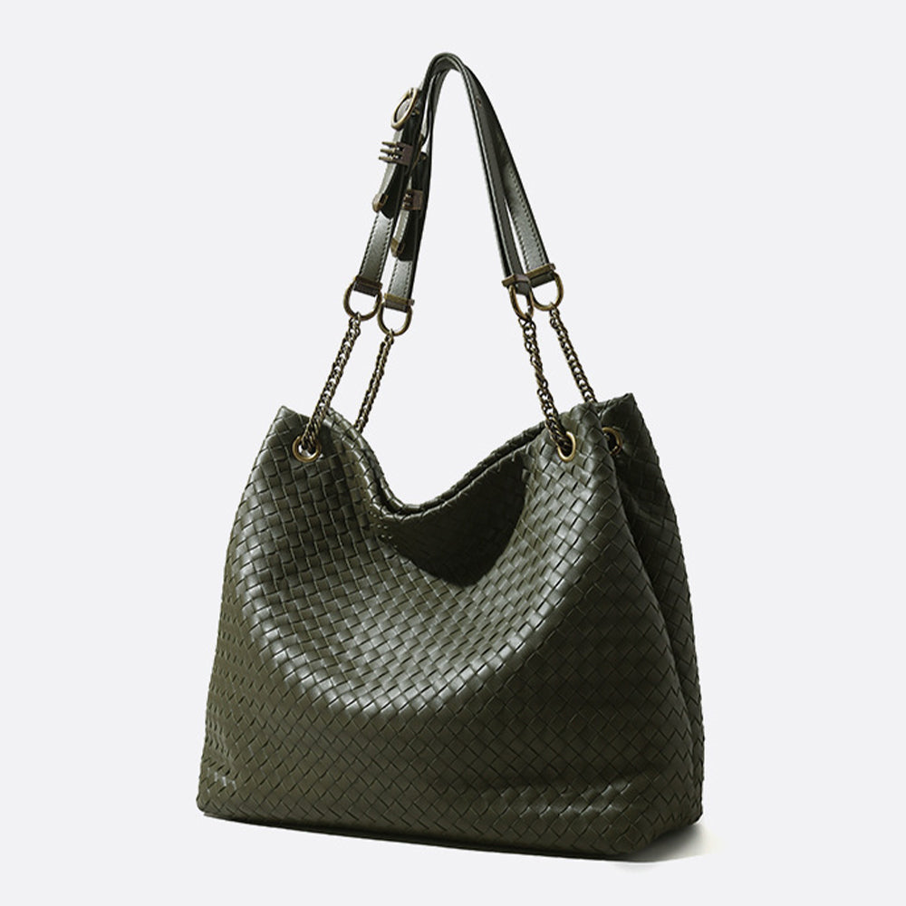 Vintage-Style Woven Leather Tote Bag – Soft Slouchy Shoulder Handbag with Chain Strap