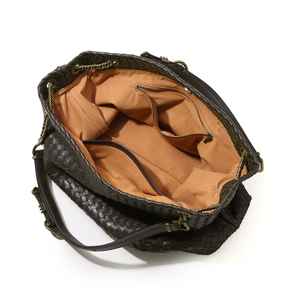 Vintage-Style Woven Leather Tote Bag – Soft Slouchy Shoulder Handbag with Chain Strap