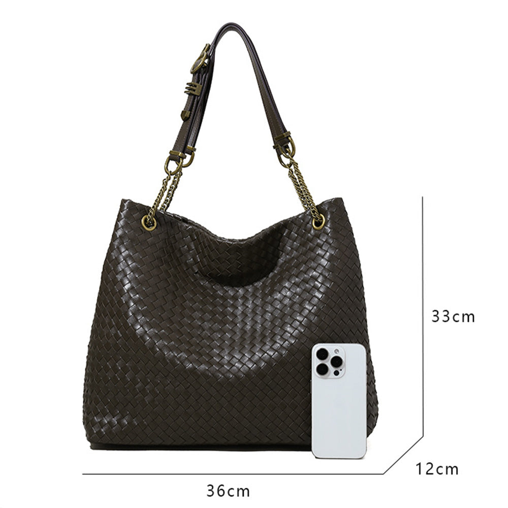 Vintage-Style Woven Leather Tote Bag – Soft Slouchy Shoulder Handbag with Chain Strap