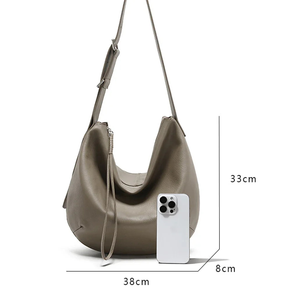 Minimalist Crescent Hobo Shoulder Bag Soft Genuine Leather Slouchy Tote