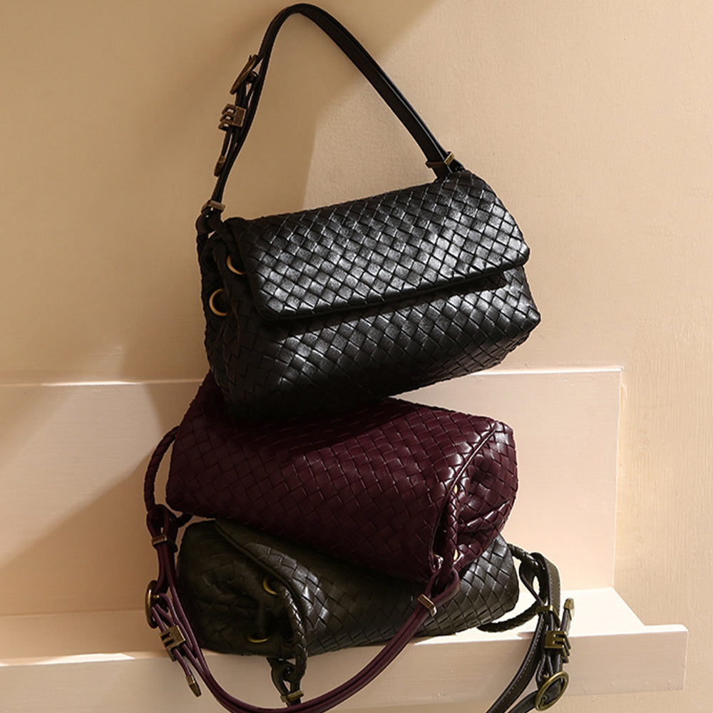 Vintage Black Woven Genuine Leather Shoulder Bag  Handmade Style Retro Flap Purse