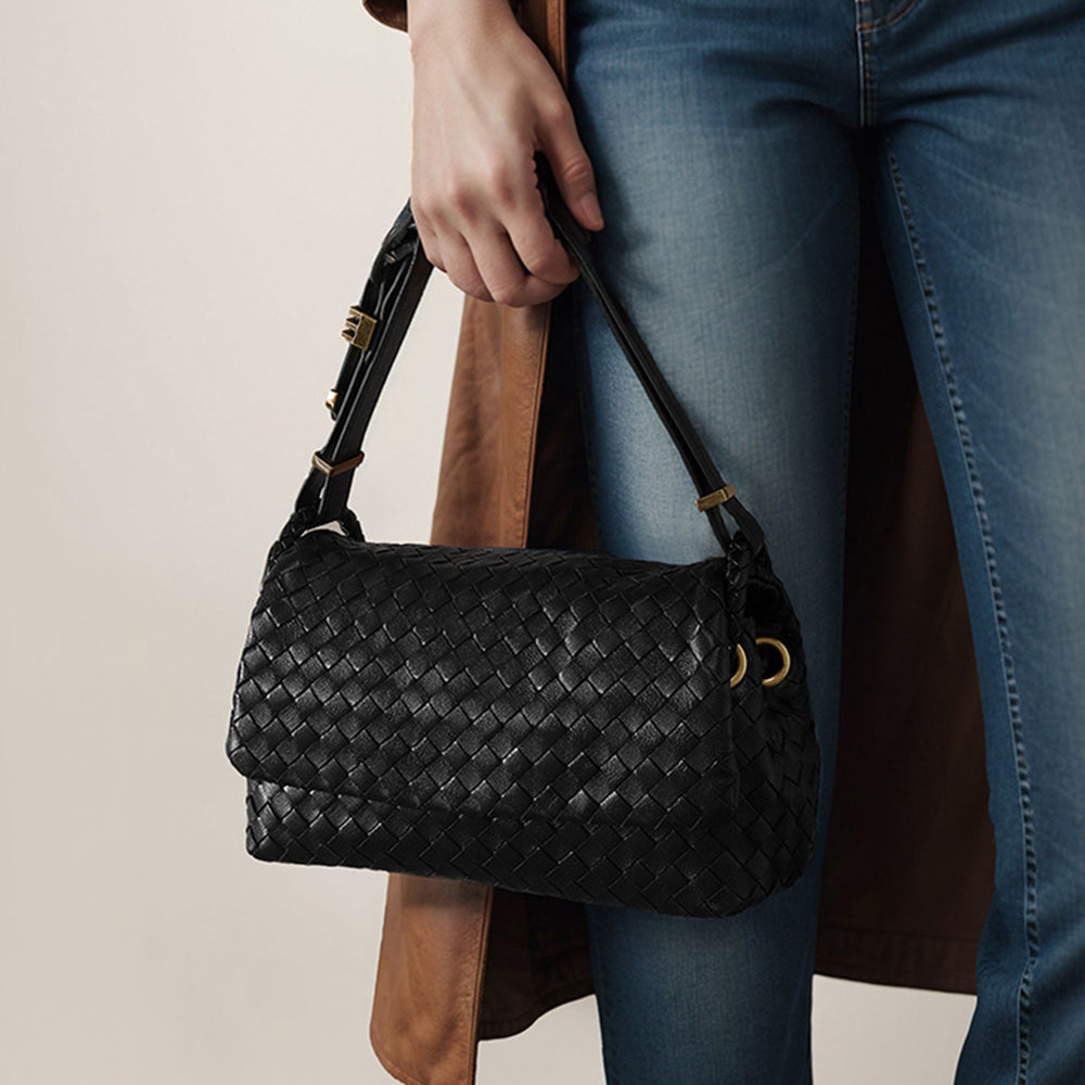 Vintage Black Woven Genuine Leather Shoulder Bag  Handmade Style Retro Flap Purse