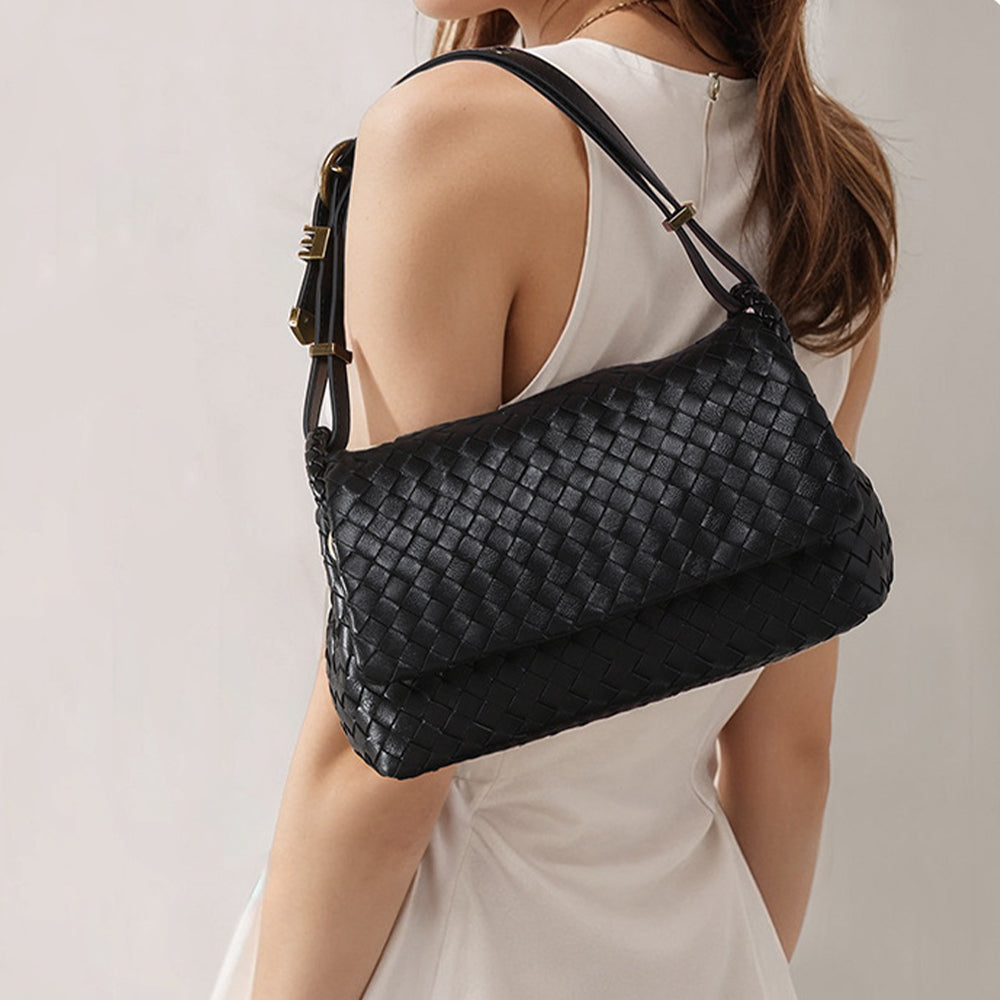 Vintage Black Woven Genuine Leather Shoulder Bag  Handmade Style Retro Flap Purse