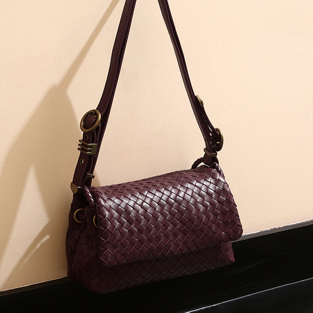 Vintage Black Woven Genuine Leather Shoulder Bag  Handmade Style Retro Flap Purse