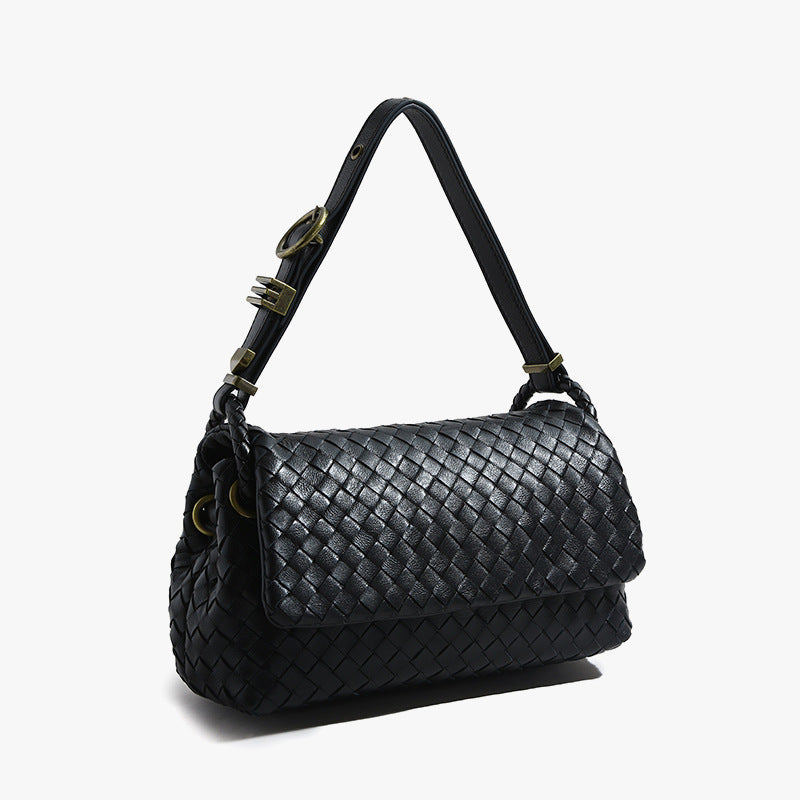 Vintage Black Woven Genuine Leather Shoulder Bag  Handmade Style Retro Flap Purse