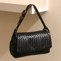 Vintage Black Woven Genuine Leather Shoulder Bag  Handmade Style Retro Flap Purse