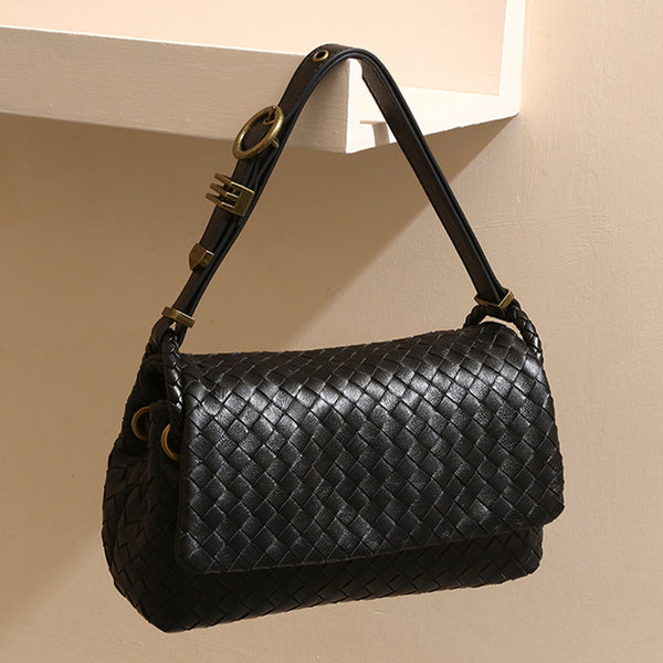 Vintage Black Woven Genuine Leather Shoulder Bag  Handmade Style Retro Flap Purse