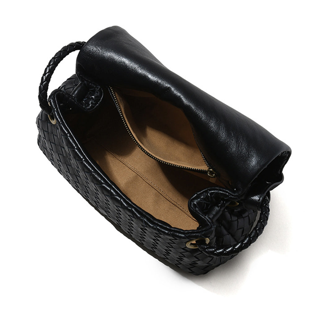 Vintage Black Woven Genuine Leather Shoulder Bag  Handmade Style Retro Flap Purse