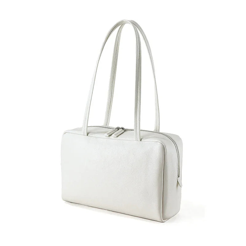 Minimalist White Box Tote – Structured Genuine Leather Shoulder Bag for Everyday Elegance