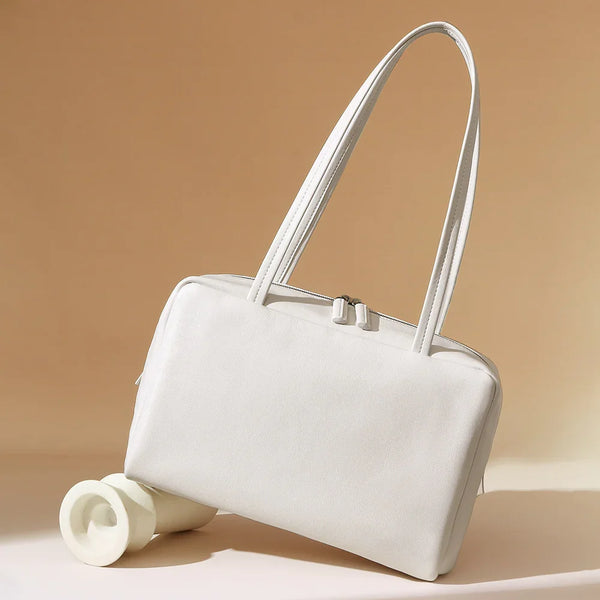 Minimalist White Box Tote – Structured Genuine Leather Shoulder Bag for Everyday Elegance