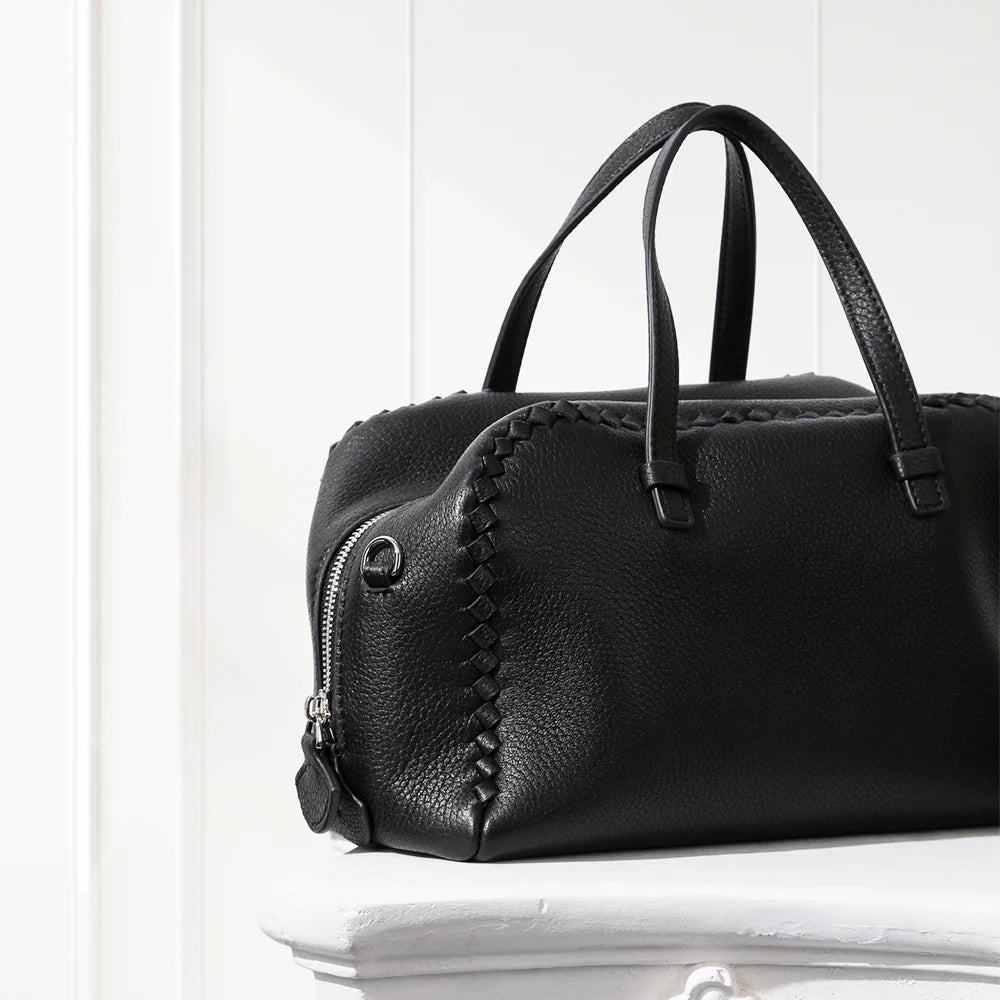 Small Boston Leather Tote Bag,Black