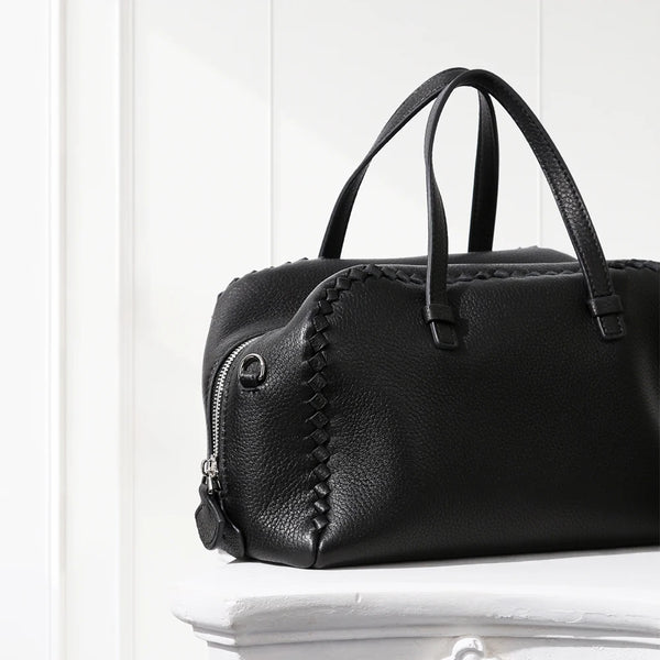 Small Boston Leather Tote Bag,Black